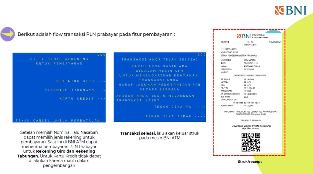 Fitur Pembayaran Listrik/PLN Prabayar di BNI ATM/CRM